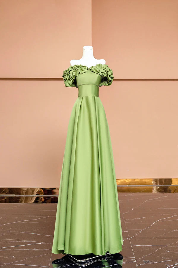 Wholesale Green Satin Floor Length Prom Dress Off the Shoulder Evening Party Dress